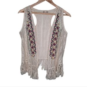 Eyeshadow Crochet Lace Embroidered Vest Fringe Hem Festival 70's Style Size S M